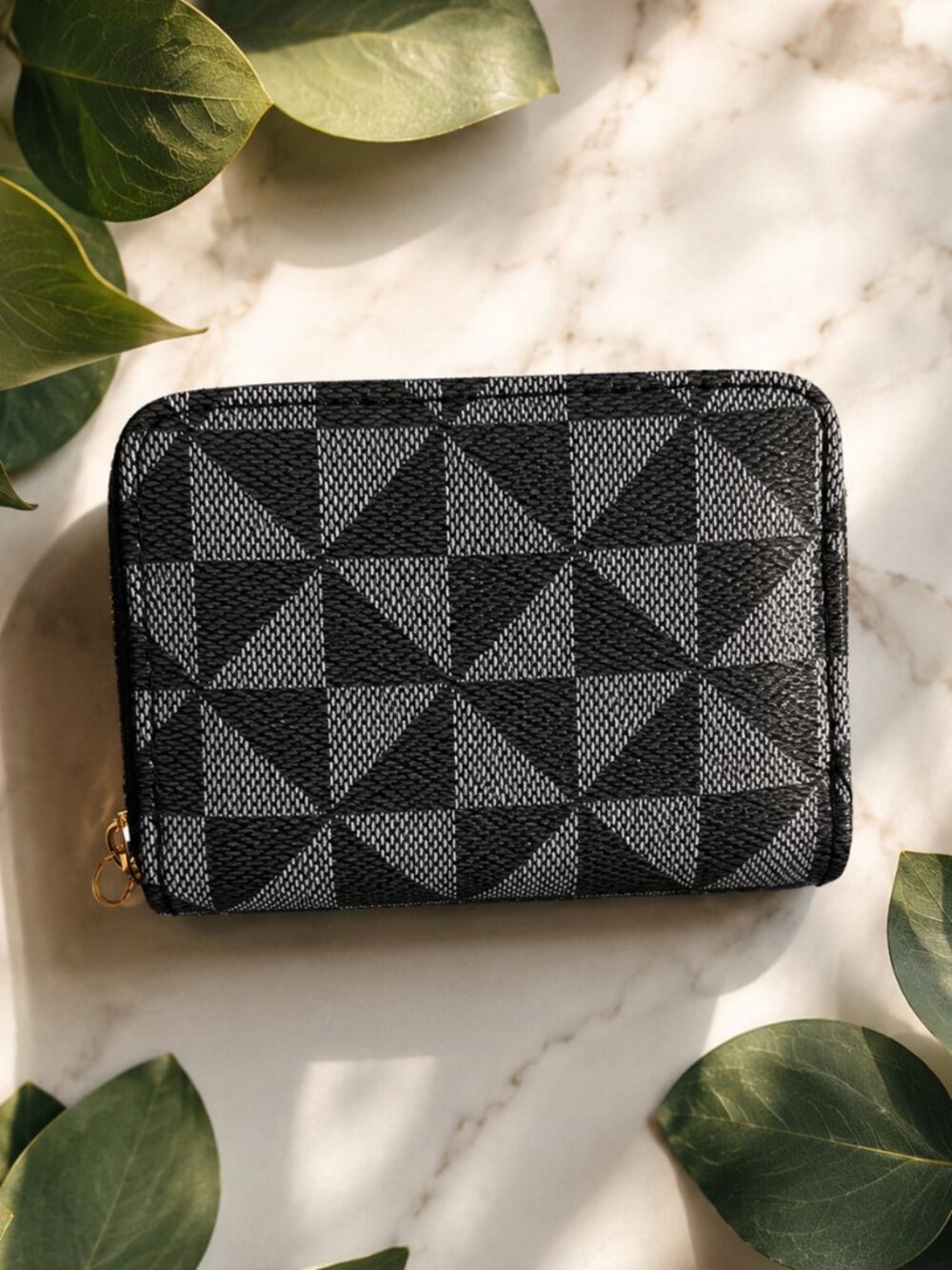Black Geometric Zip Around Card Holder Wallet Accordion Mini Wallet